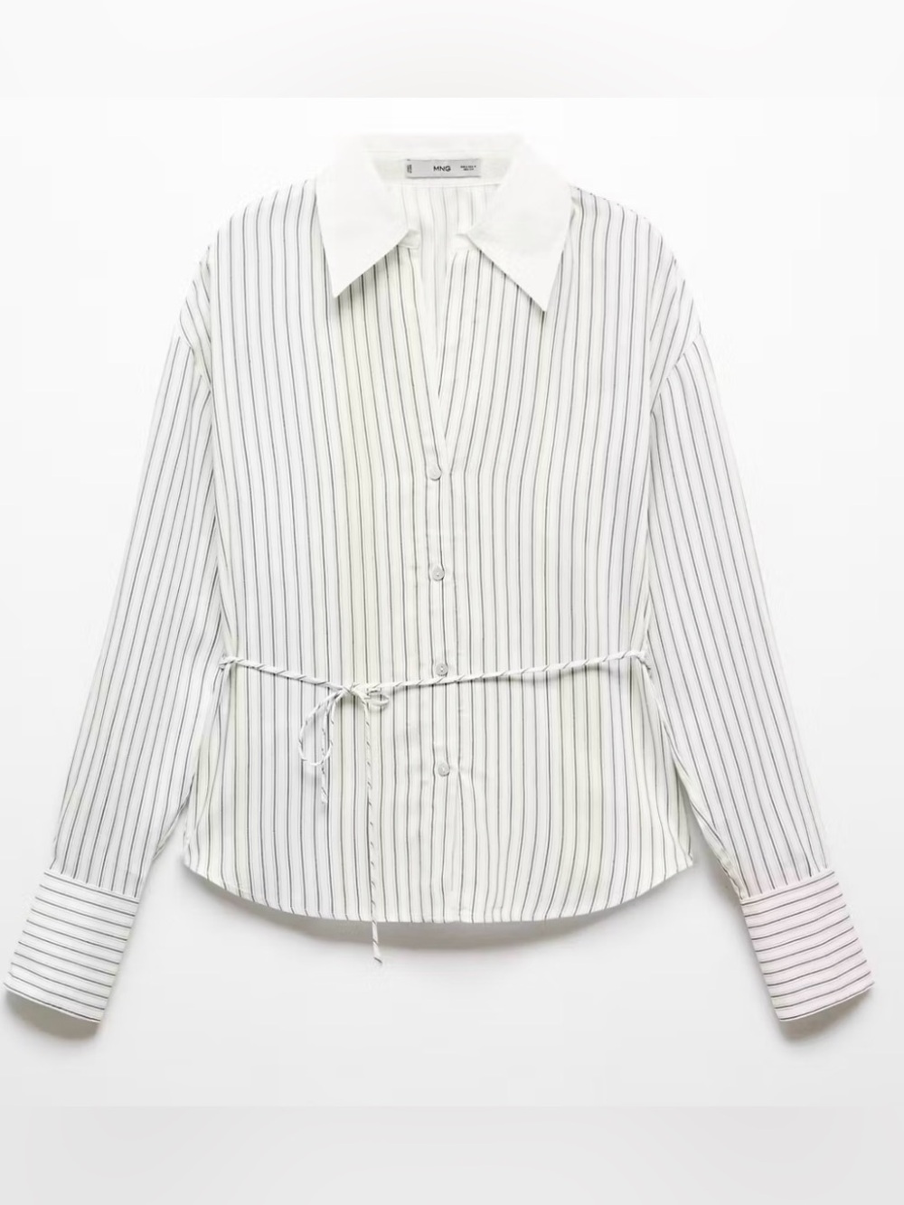 NWT Mango White Pinstripe Button-Up Shirt with Tie Waist
